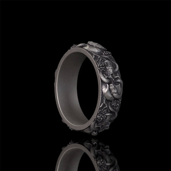 Gothic Coiled Snake Rose Sterling Silver Skull Ring | RoyalLuster.com