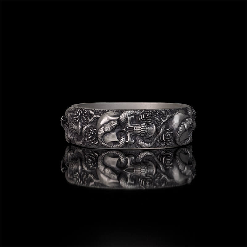 Gothic Coiled Snake Rose Sterling Silver Skull Ring | RoyalLuster.com