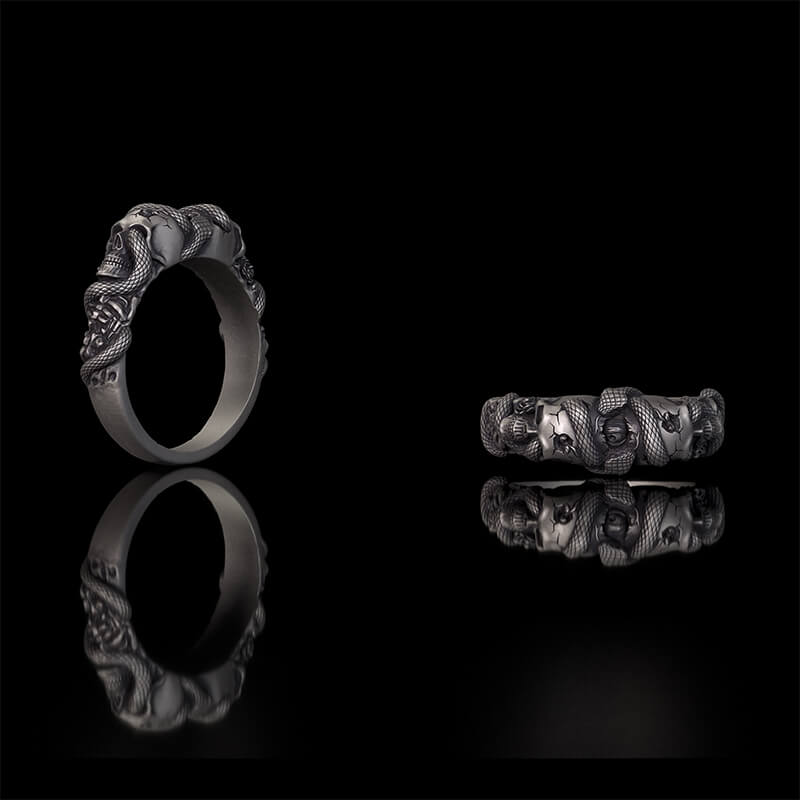 Gothic Coiled Snake Skull Sterling Silver Ring | RoyalLuster.com