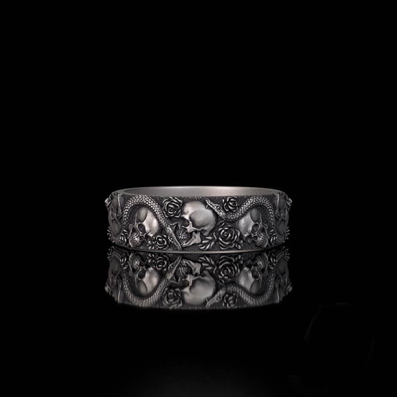 Gothic Rose Skull Snake Sterling Silver Ring 02 | RoyalLuster.com