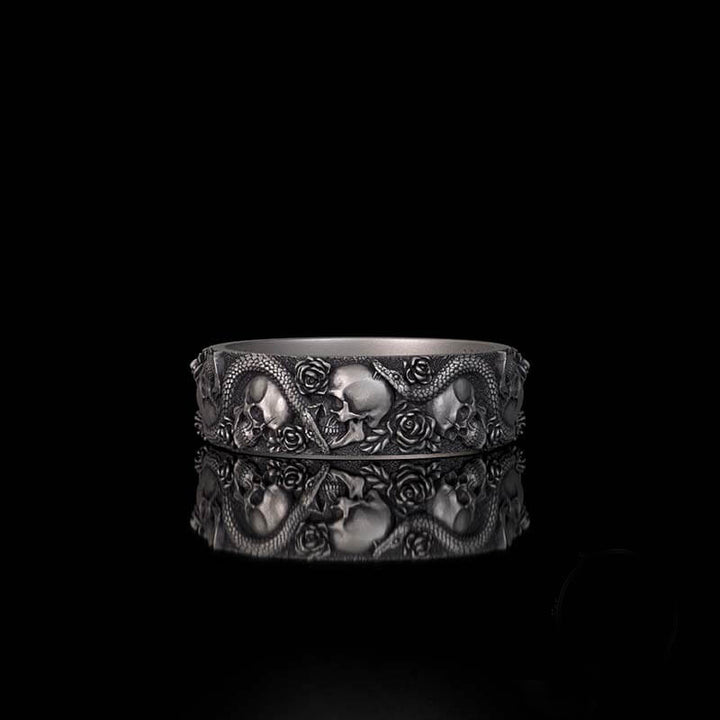 Gothic Rose Skull Snake Sterling Silver Ring 02 | RoyalLuster.com