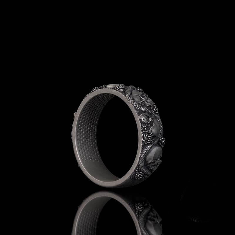Gothic Rose Skull Snake Sterling Silver Ring