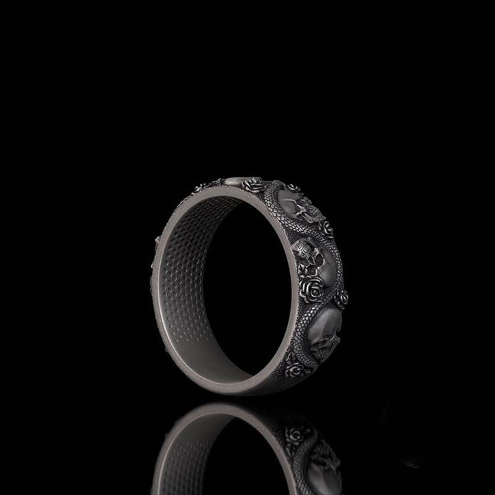 Gothic Rose Skull Snake Sterling Silver Ring