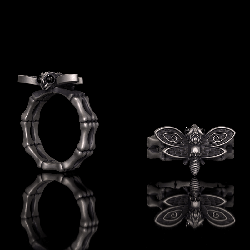 Gothic Skull Moth Bone Gem Sterling Silver Ring | RoyalLuster.com
