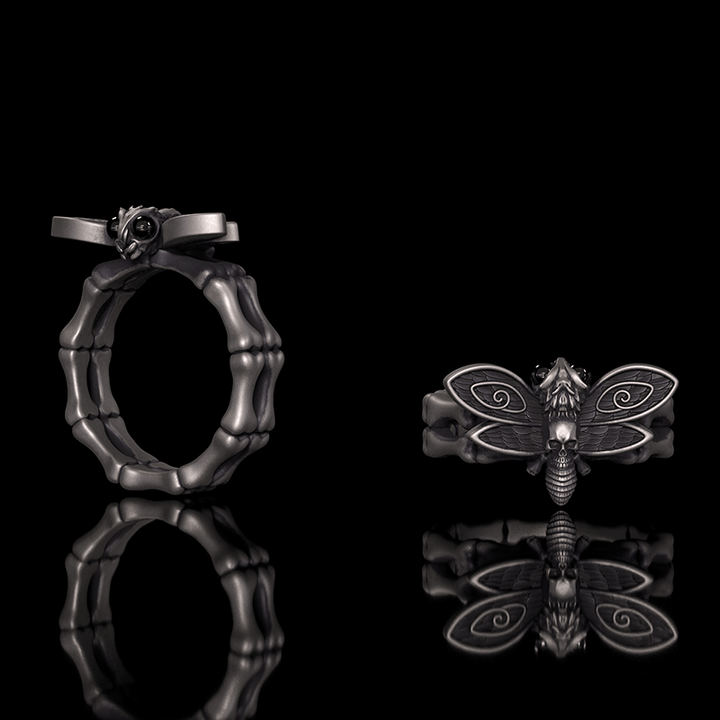 Gothic Skull Moth Bone Gem Sterling Silver Ring | RoyalLuster.com