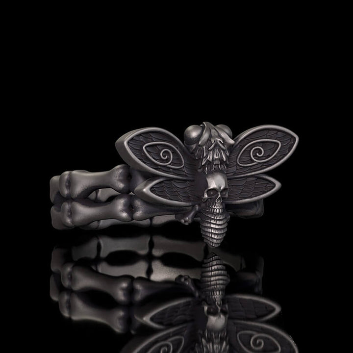 Gothic Skull Moth Bone Gem Sterling Silver Ring