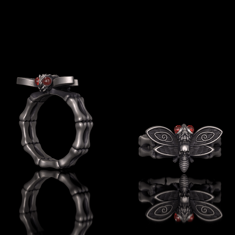Gothic Skull Moth Bone Gem Sterling Silver Ring | RoyalLuster.com