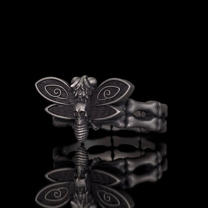 Gothic Skull Moth Bone Gem Sterling Silver Ring
