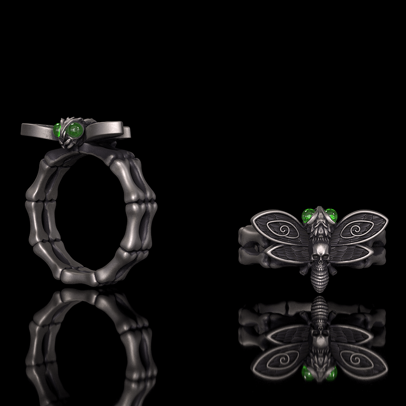 Gothic Skull Moth Bone Gem Sterling Silver Ring | RoyalLuster.com