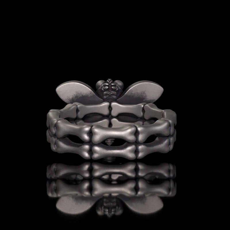 Gothic Skull Moth Bone Gem Sterling Silver Ring