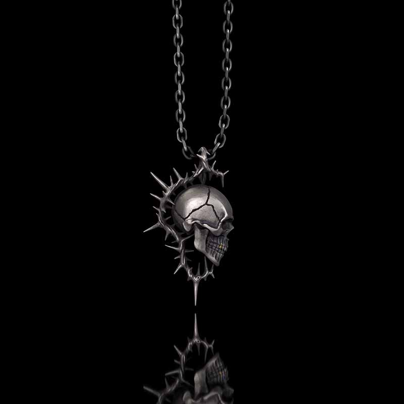 Gothic Thorn Broken Skull Sterling Silver Pendant 01 | RoyalLuster.com