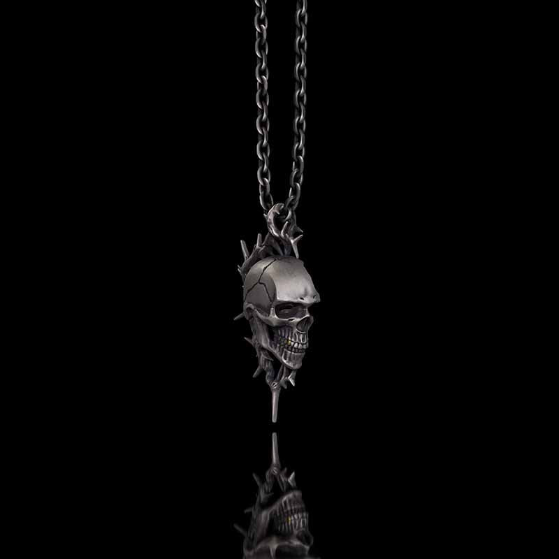 Gothic Thorn Broken Skull Sterling Silver Pendant 02 | RoyalLuster.com