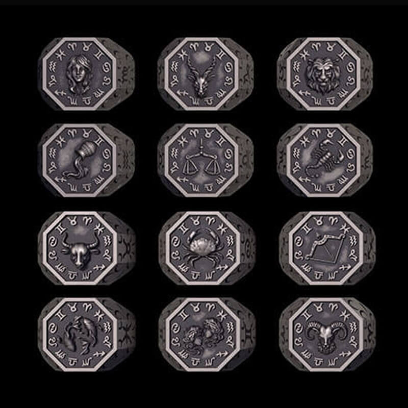 12 Constellations Zodiac Sterling Silver Octagonal Ring | RoyalLuster.com