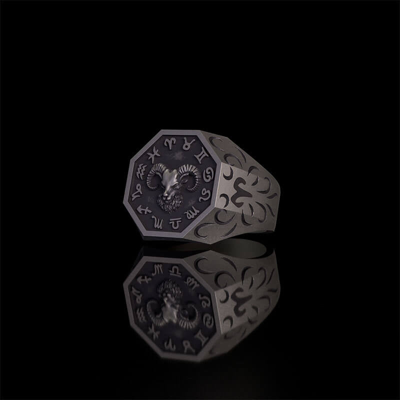 12 Constellations Zodiac Sterling Silver Octagonal Ring | RoyalLuster.com