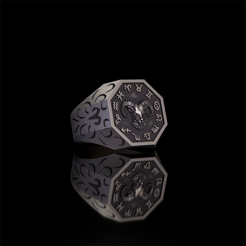 12 Constellations Zodiac Sterling Silver Octagonal Ring | RoyalLuster.com