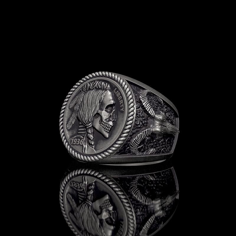 1936 Hobo Nickel Coin Skull 925 Sterling Silver Ring