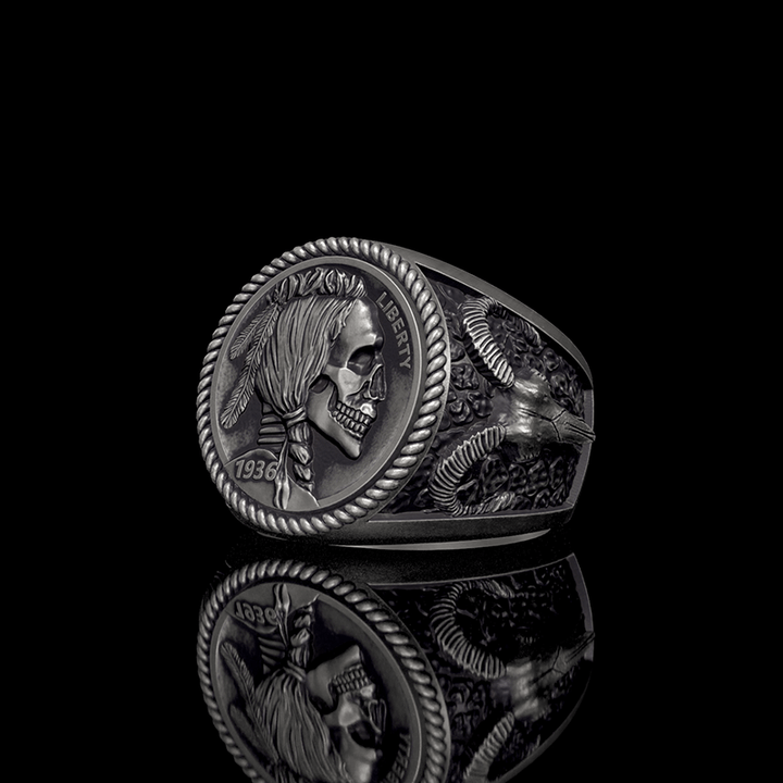 1936 Hobo Nickel Coin Skull 925 Sterling Silver Ring
