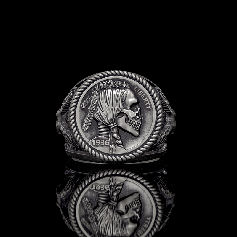1936 Hobo Nickel Coin Skull 925 Sterling Silver Ring