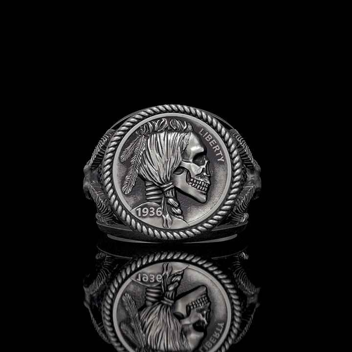 1936 Hobo Nickel Coin Skull 925 Sterling Silver Ring