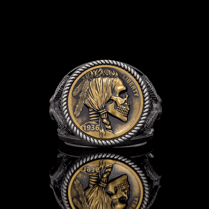1936 Hobo Nickel Coin Skull 925 Sterling Silver Ring