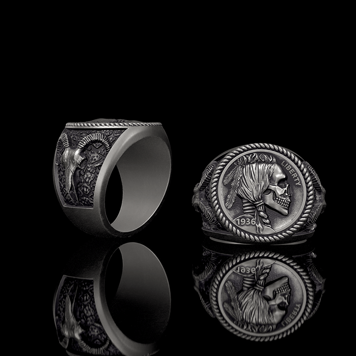 1936 Hobo Nickel Coin Skull 925 Sterling Silver Ring
