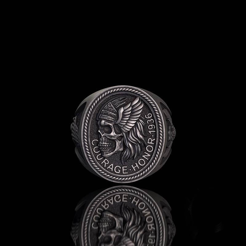 1936 Pirate Skull Sailboat Eagle Sterling Silver Ring