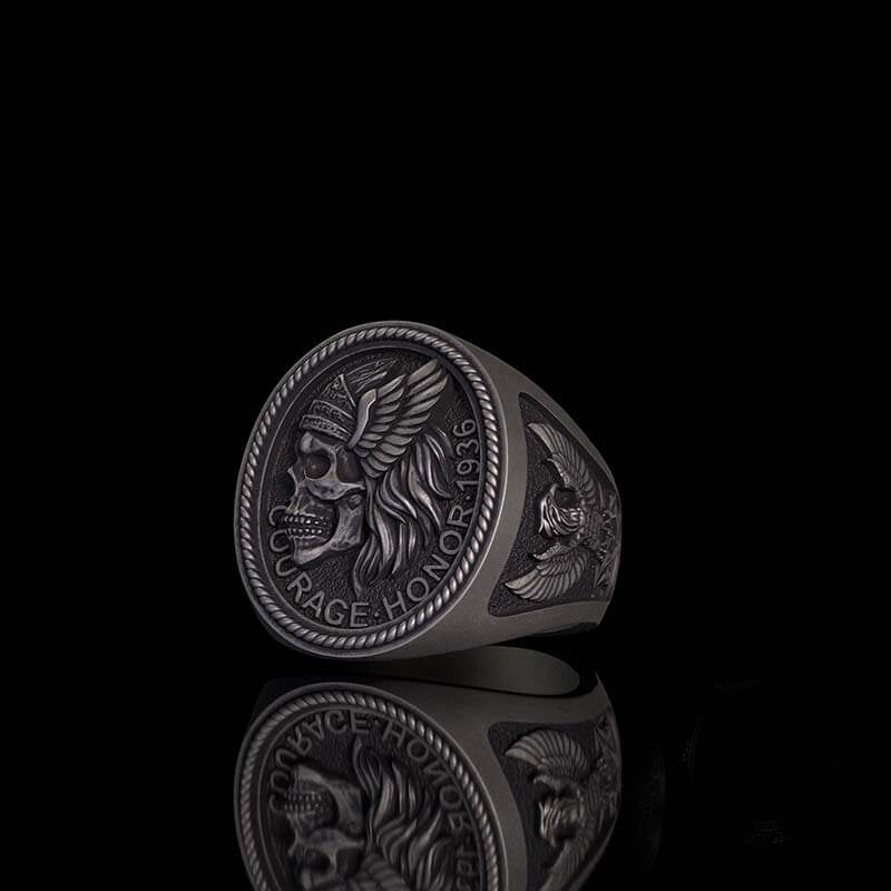 1936 Pirate Skull Sailboat Eagle Sterling Silver Ring 02| RoyalLuster.com