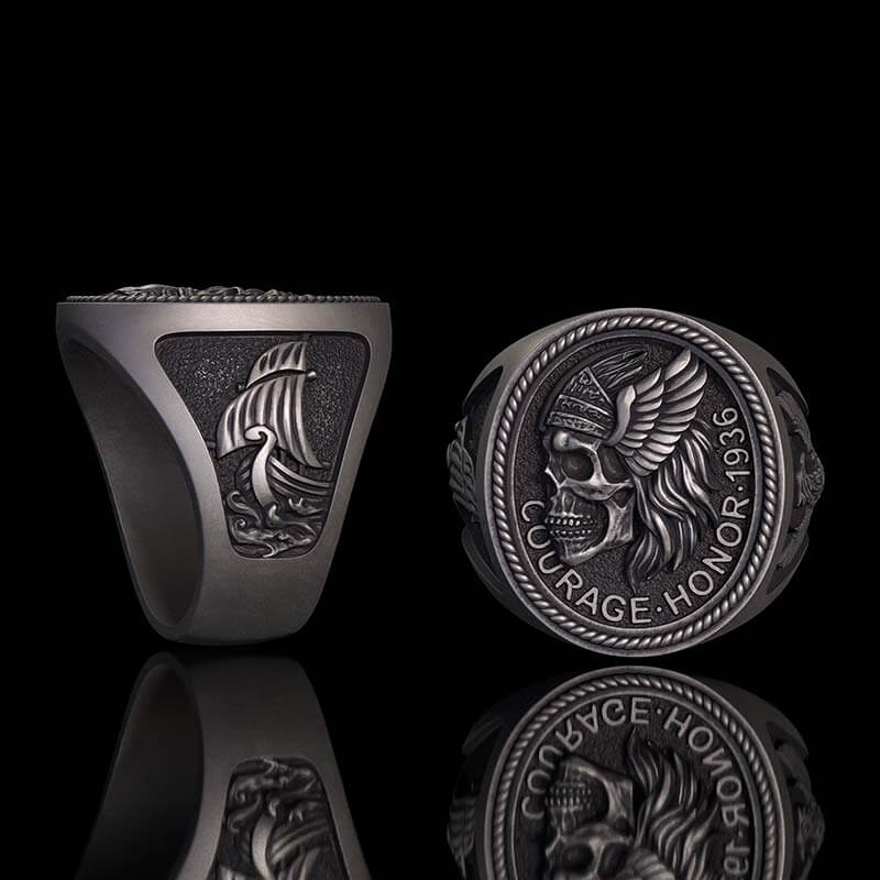 1936 Pirate Skull Sailboat Eagle Sterling Silver Ring 01 | RoyalLuster.com