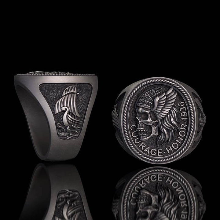 1936 Pirate Skull Sailboat Eagle Sterling Silver Ring 01 | RoyalLuster.com