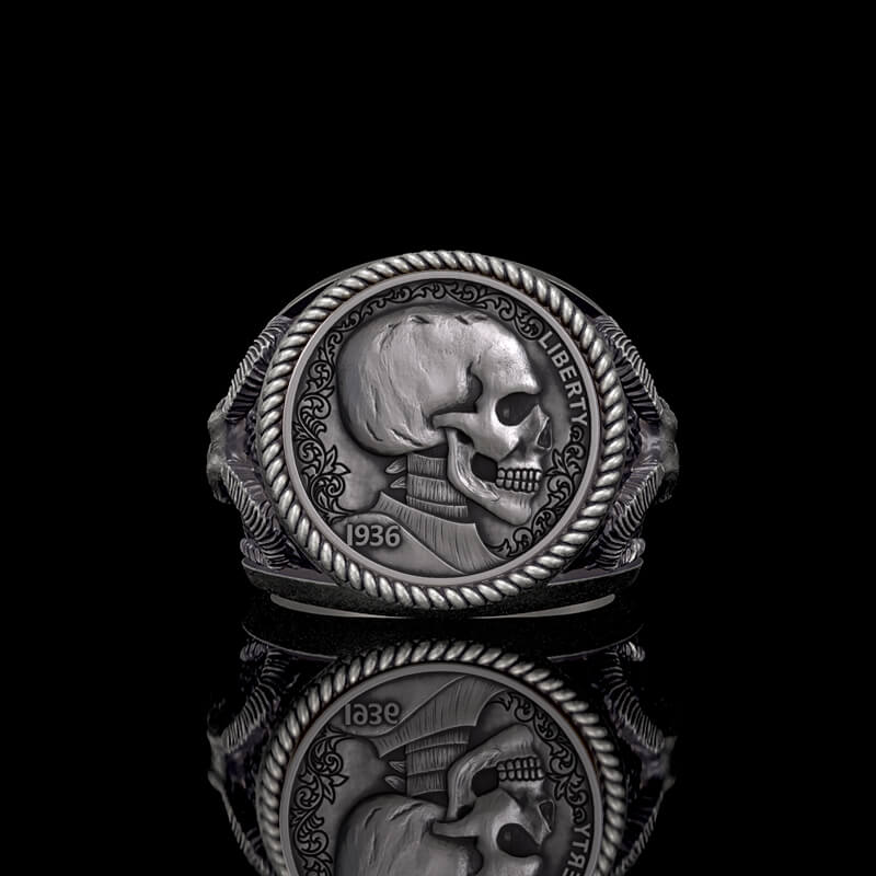 1936 Skull Hobo Nickel 925 Sterling Silver Ring