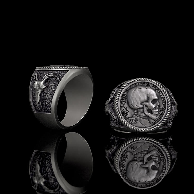 1936 Skull Hobo Nickel 925 Sterling Silver Ring