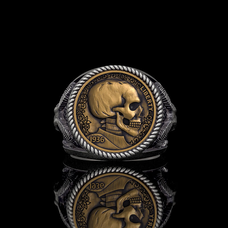 1936 Skull Hobo Nickel 925 Sterling Silver Ring