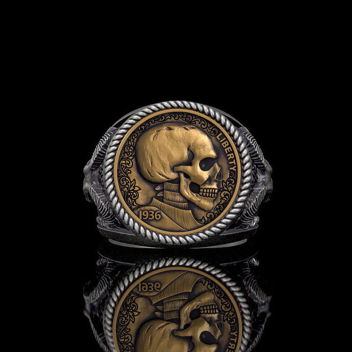 1936 Skull Hobo Nickel 925 Sterling Silver Ring