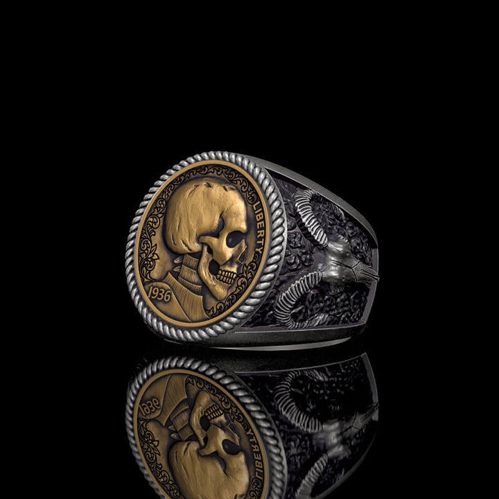 1936 Skull Hobo Nickel 925 Sterling Silver Ring