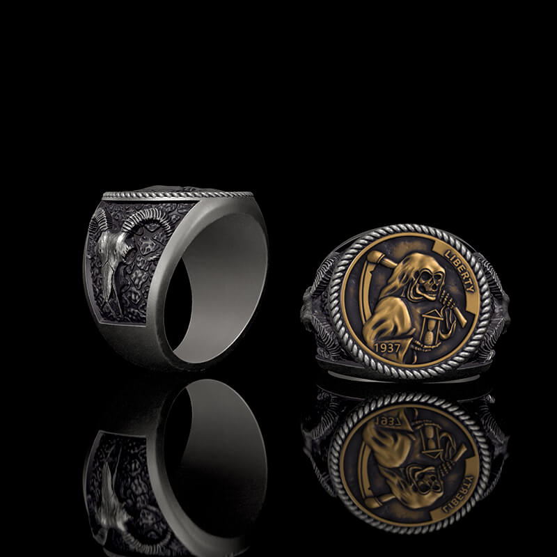 1937 Hobo Nickel Grim Reaper 925 Sterling Silver Skull Ring
