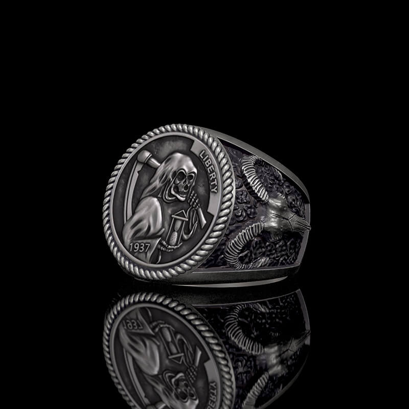 1937 Hobo Nickel Grim Reaper 925 Sterling Silver Skull Ring