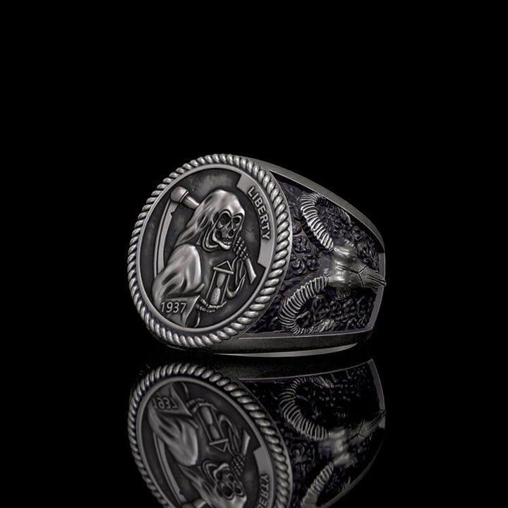 1937 Hobo Nickel Grim Reaper 925 Sterling Silver Skull Ring