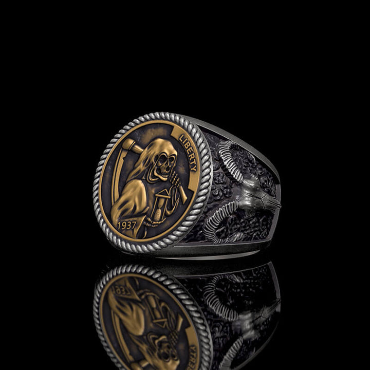 1937 Hobo Nickel Grim Reaper 925 Sterling Silver Skull Ring