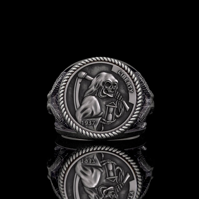 1937 Hobo Nickel Grim Reaper 925 Sterling Silver Skull Ring