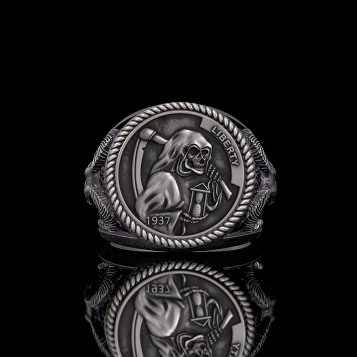 1937 Hobo Nickel Grim Reaper 925 Sterling Silver Skull Ring