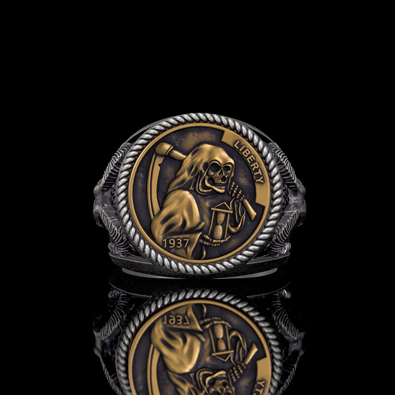 1937 Hobo Nickel Grim Reaper 925 Sterling Silver Skull Ring