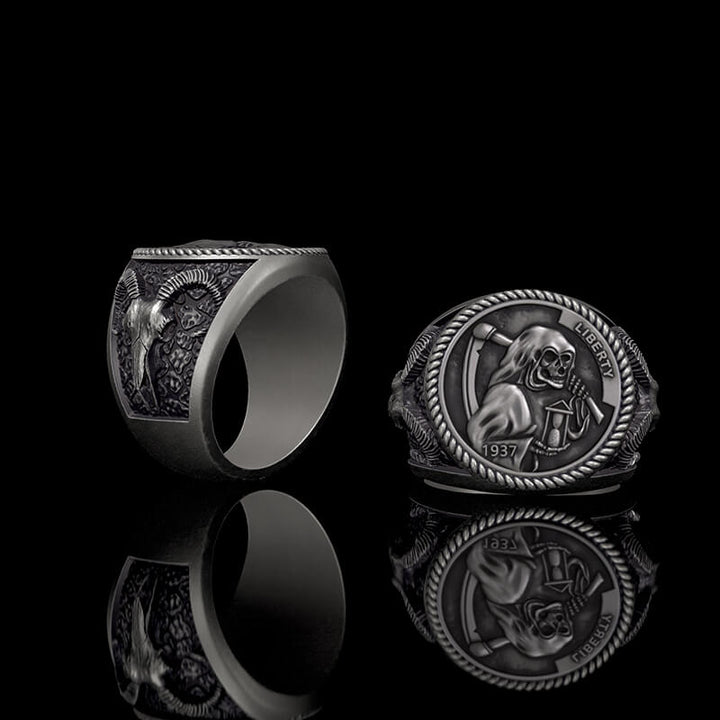 1937 Hobo Nickel Grim Reaper 925 Sterling Silver Skull Ring