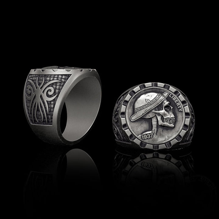 1937 Skull Hobo Nickel 925 Sterling Silver Ring