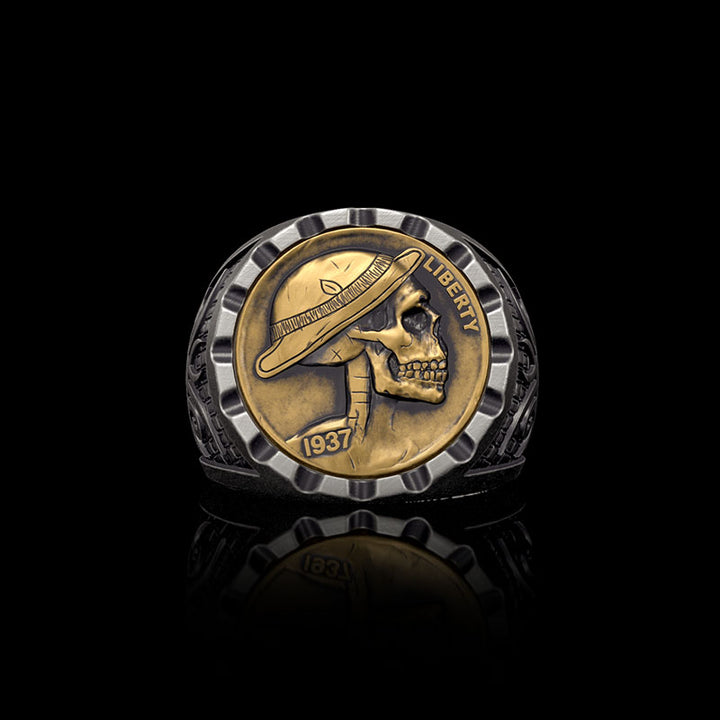 1937 Skull Hobo Nickel 925 Sterling Silver Ring