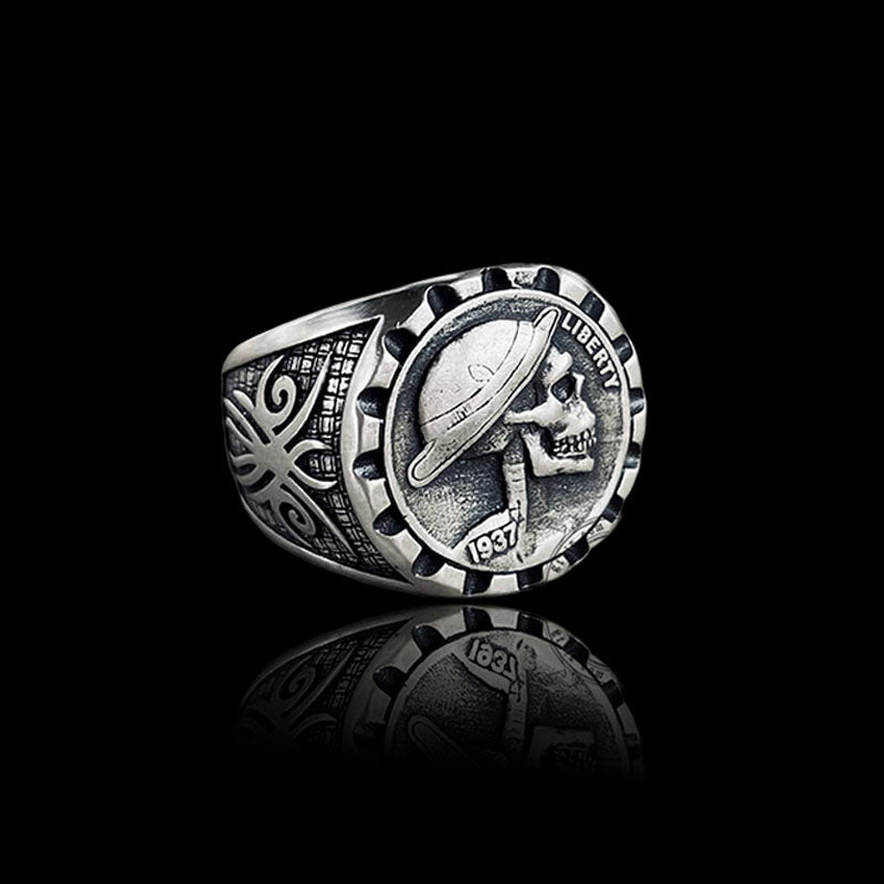 1937 Skull Hobo Nickel 925 Sterling Silver Ring