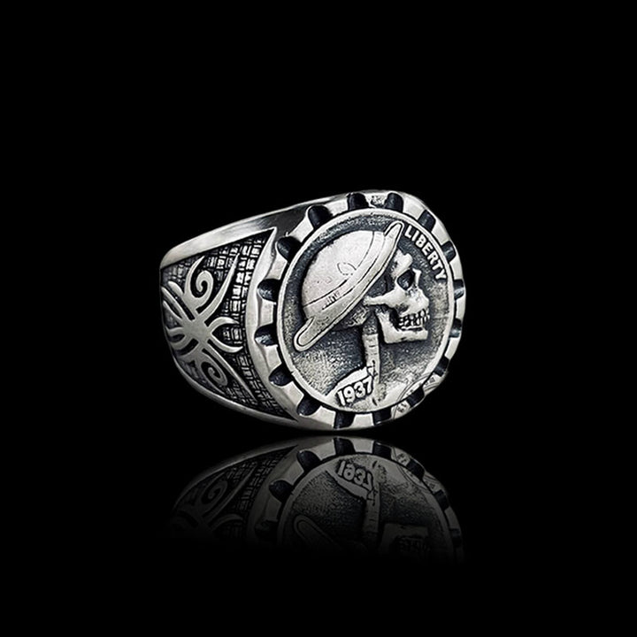 1937 Skull Hobo Nickel 925 Sterling Silver Ring