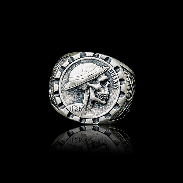 1937 Skull Hobo Nickel 925 Sterling Silver Ring