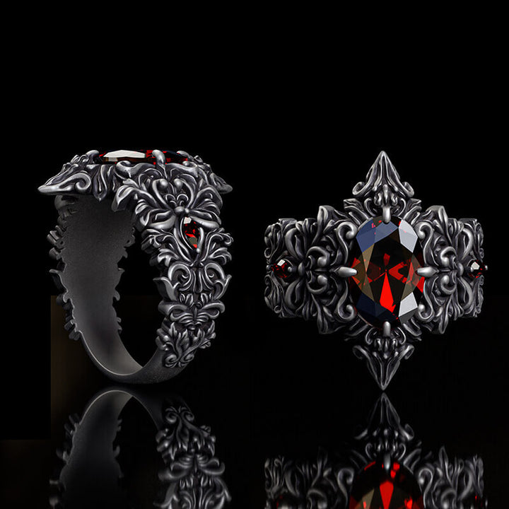 Gothic Pattern Inlaid Red Zircon Sterling Silver Ring | RoyalLuster.com