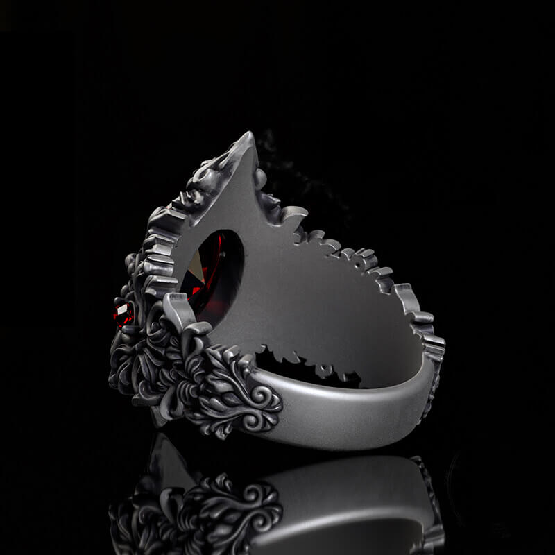 Gothic Pattern Inlaid Red Zircon Sterling Silver Ring