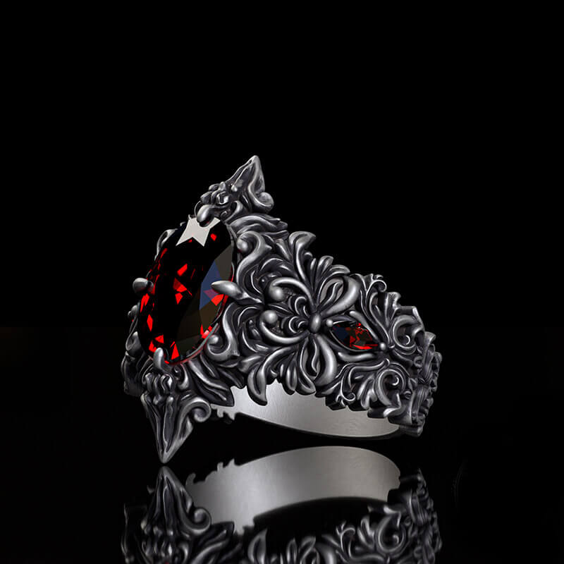Gothic Pattern Inlaid Red Zircon Sterling Silver Ring | RoyalLuster.com